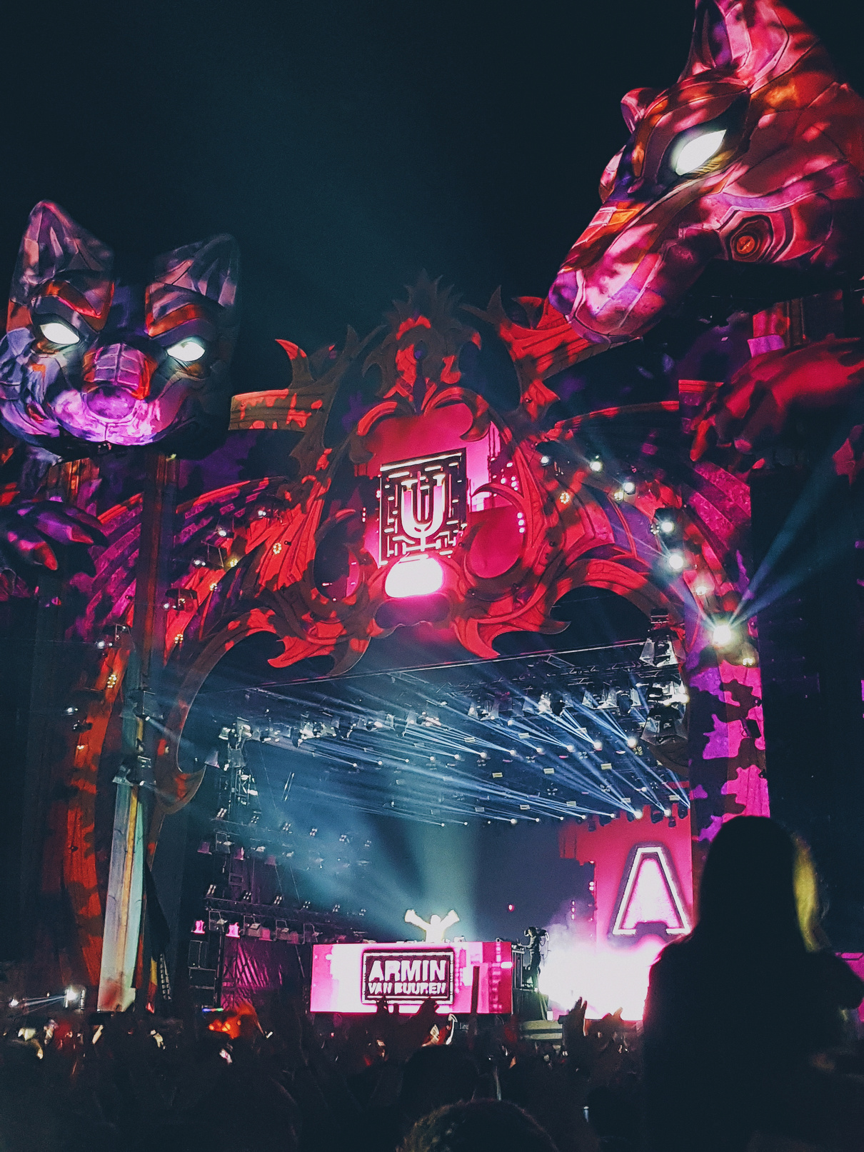 Futuristic purple stage of famous music festival Untold